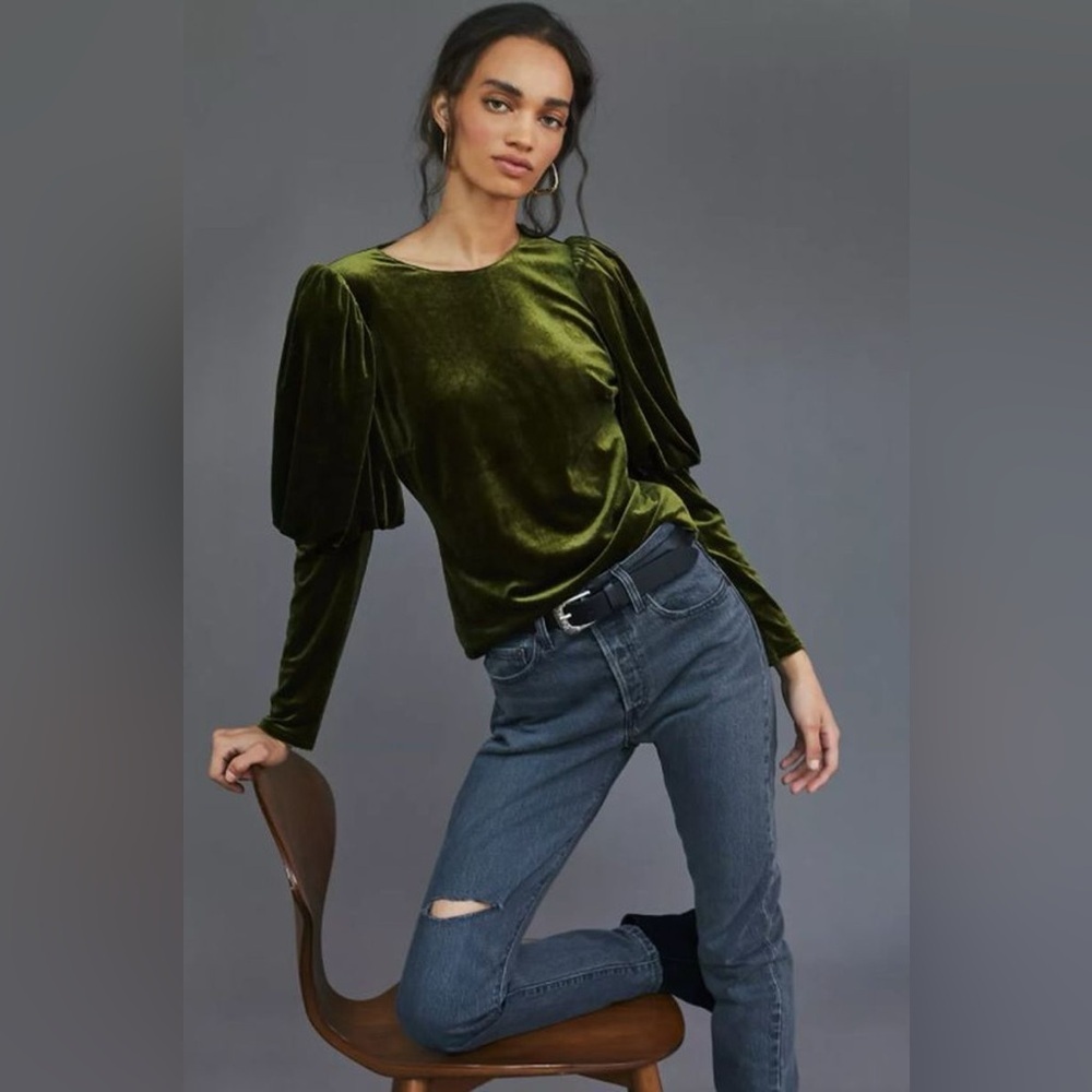 Sunday in Brooklyn Moss Green Velvet Puff Sleeve Blouse Top XS NWT